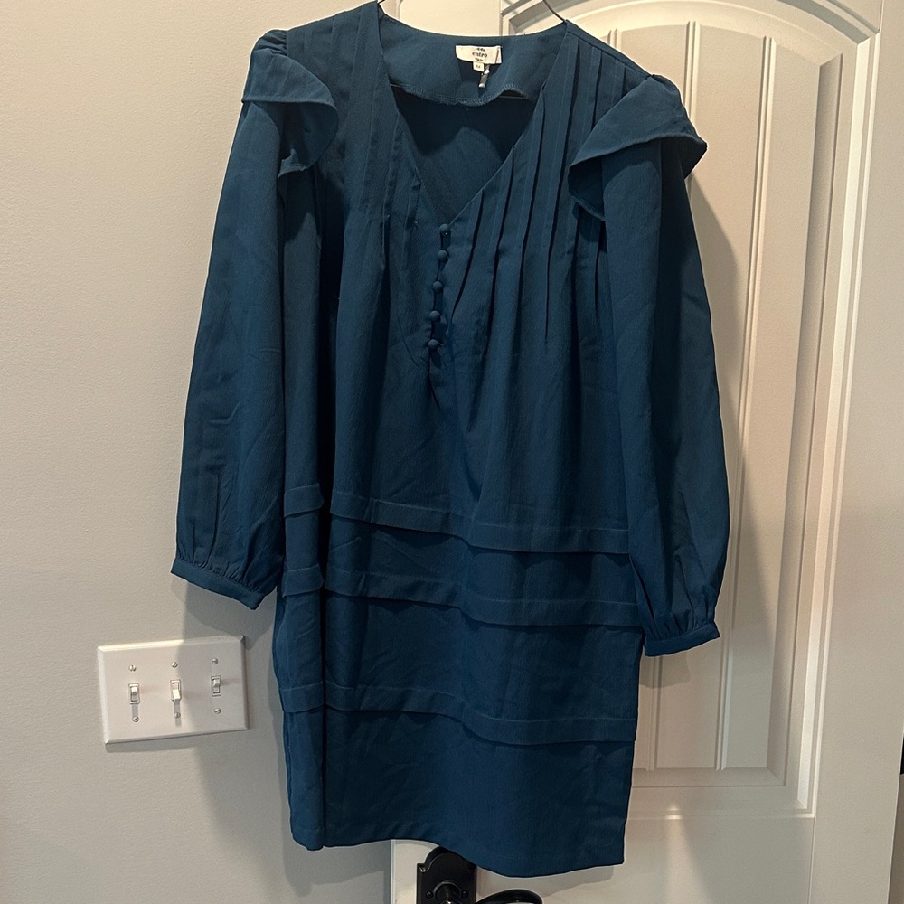entro Teal Long Sleeve Tiered V-Neck Dress